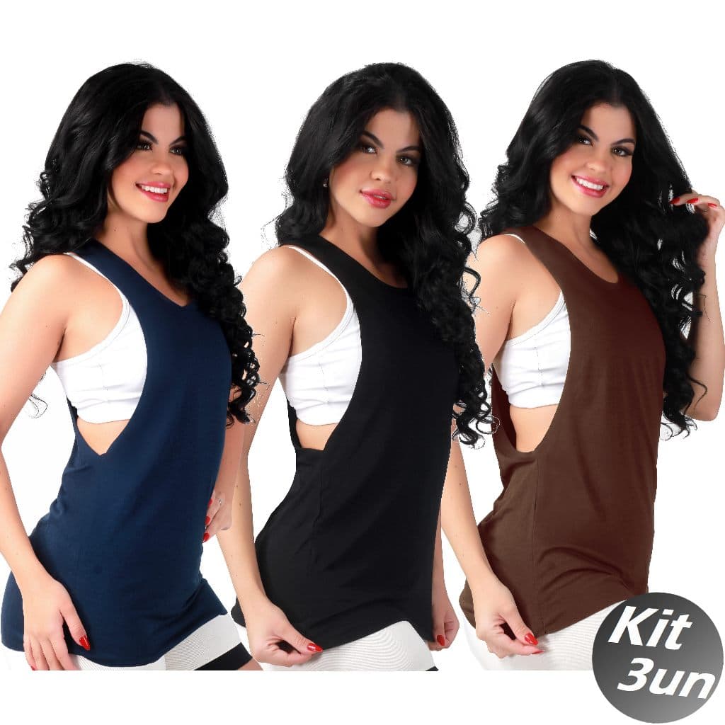 Kit 3 Camiseta Regata Corte a Laser  Fitness feminina
