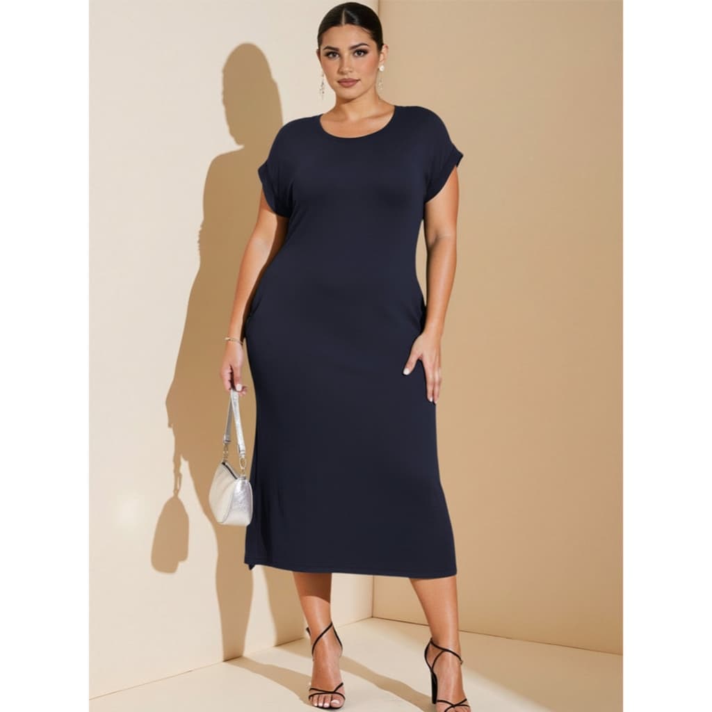 Vestido Feminino Plus Size Casual  Viscolycra Moderno Elegante Manga Curta Bolsos Fendas Evangélico