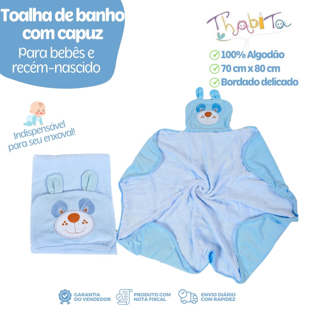 Toalha de Banho Bebê com Capuz Malha Atoalhada Bordada Estampa Sortida Maciez Pós-Banho