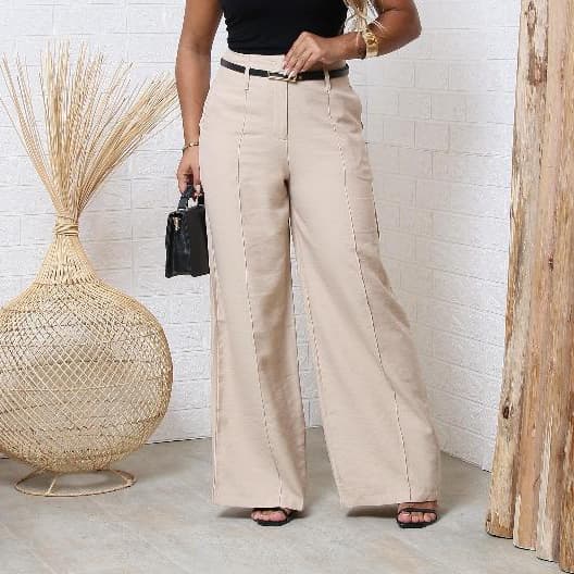Calça Social Feminina Pantalona Cintura Alta Boca Larga Marrant