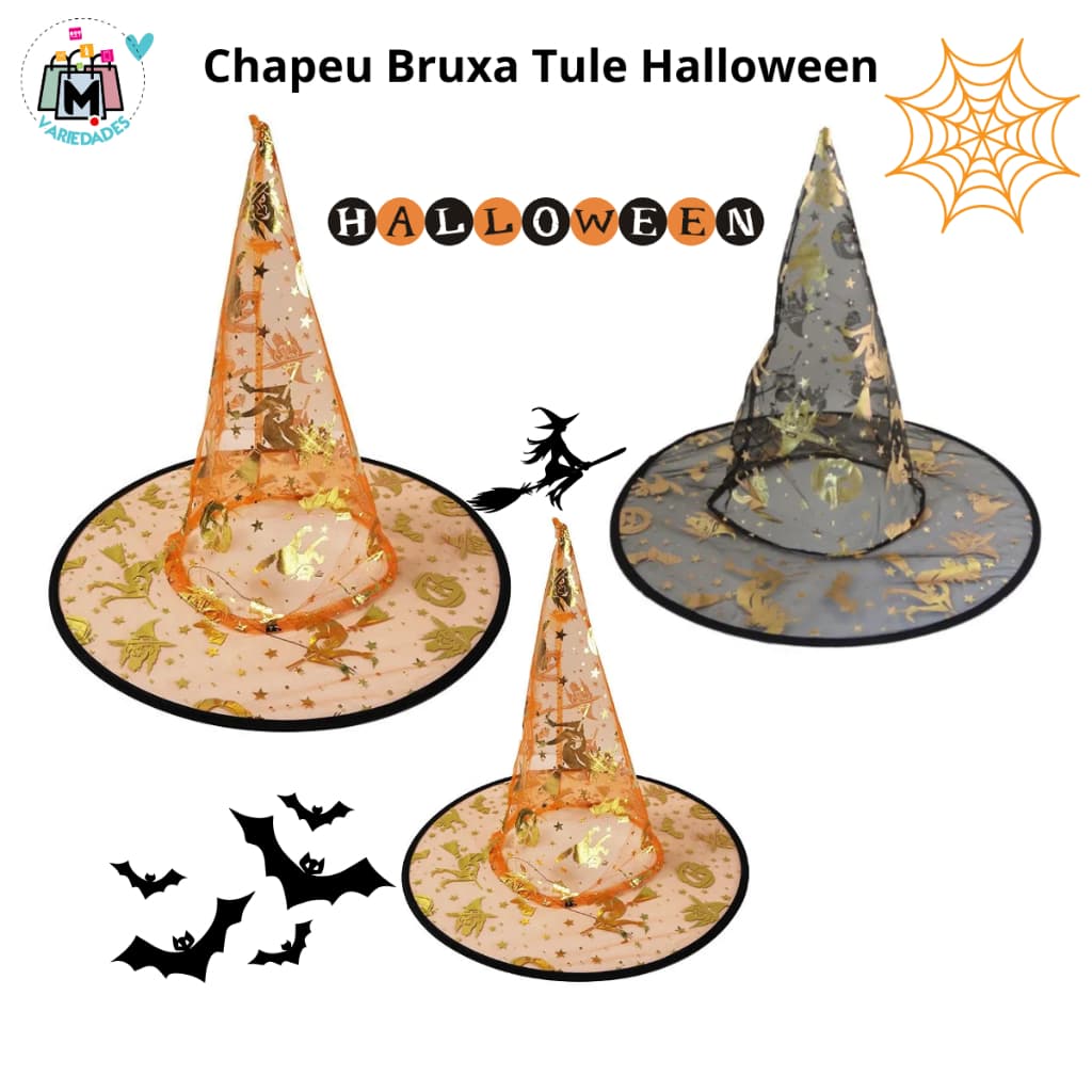 Chapéu de Bruxa Fantasia Halloween em Tule Adulto e Infantil Festa Temáticas
