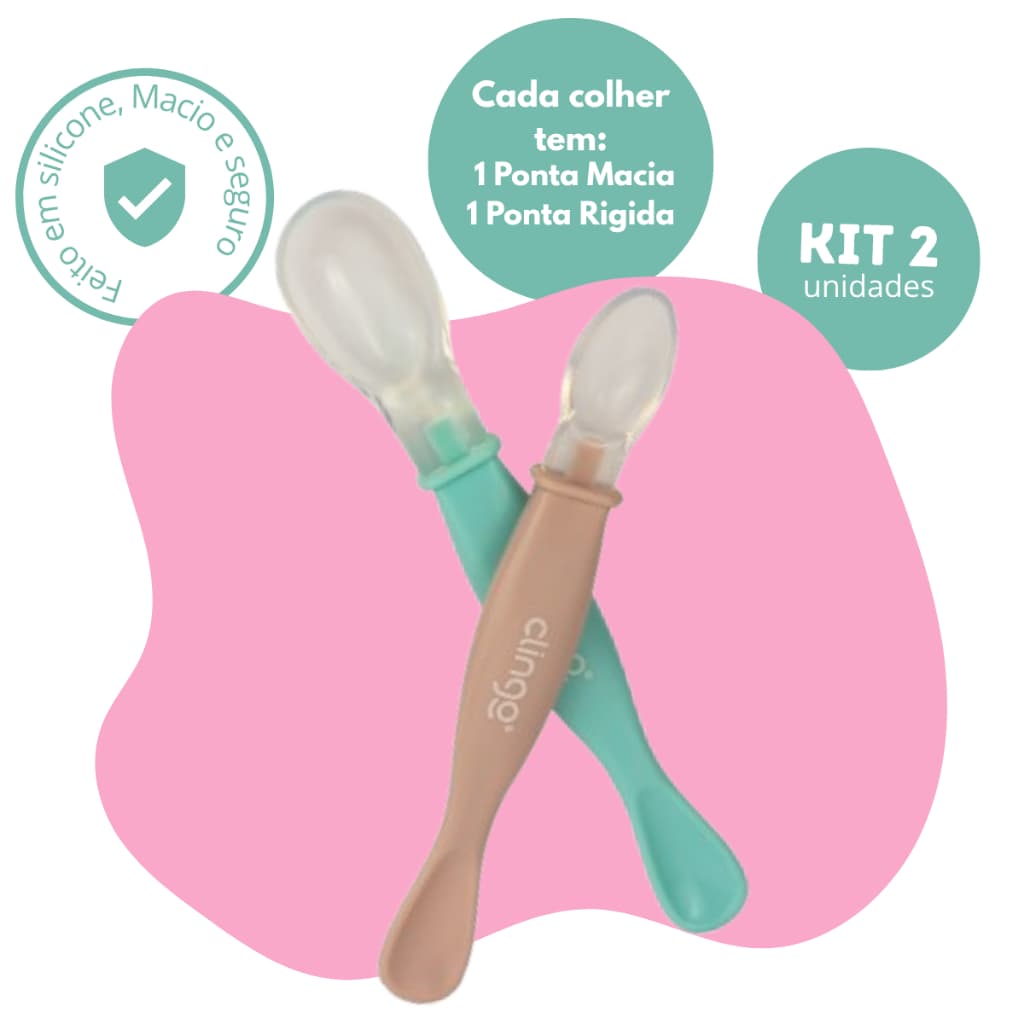 Kit 2 Colher ponta dupla colors para Bebê Silicone Macio, 2 Pontas Funcionais, Ideal para Introdução