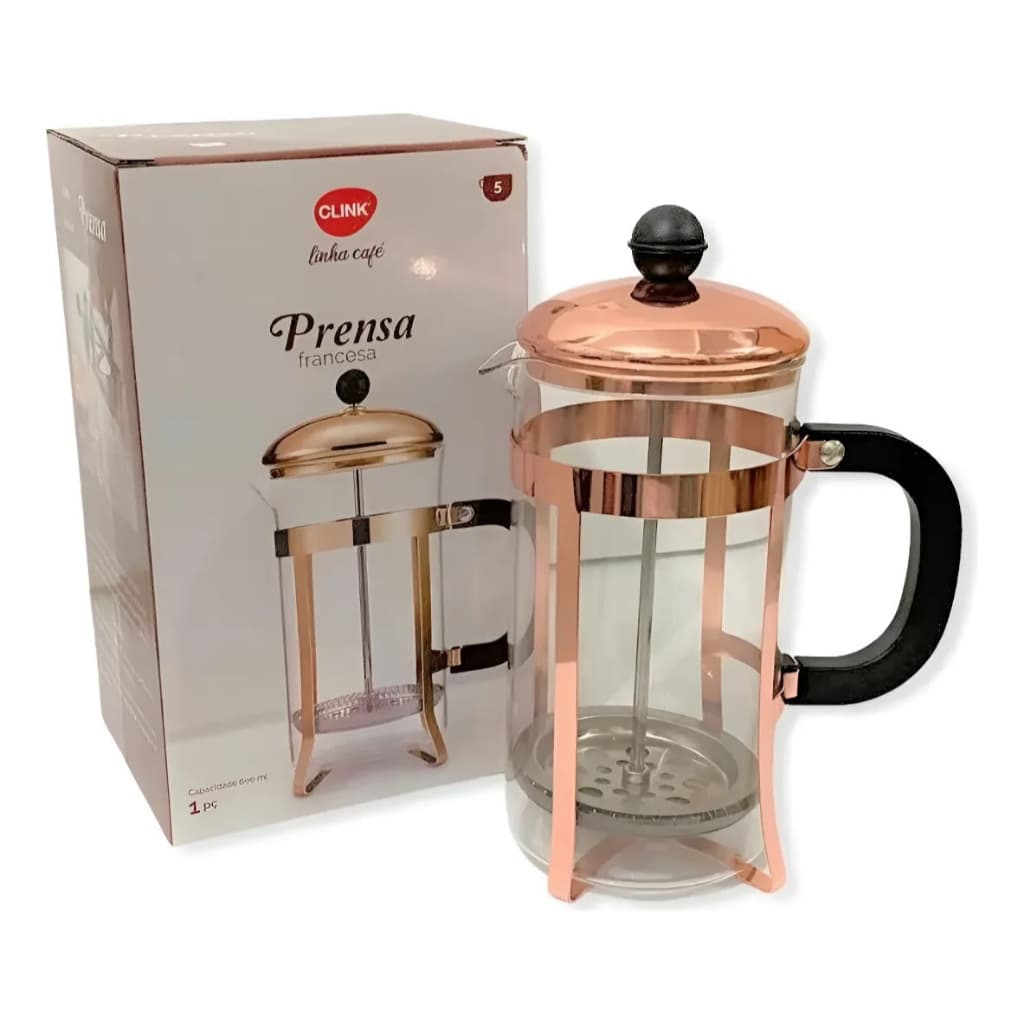 Cafeteira Prensa Francesa Rose Gold Em Vidro Aço Inox 600ml