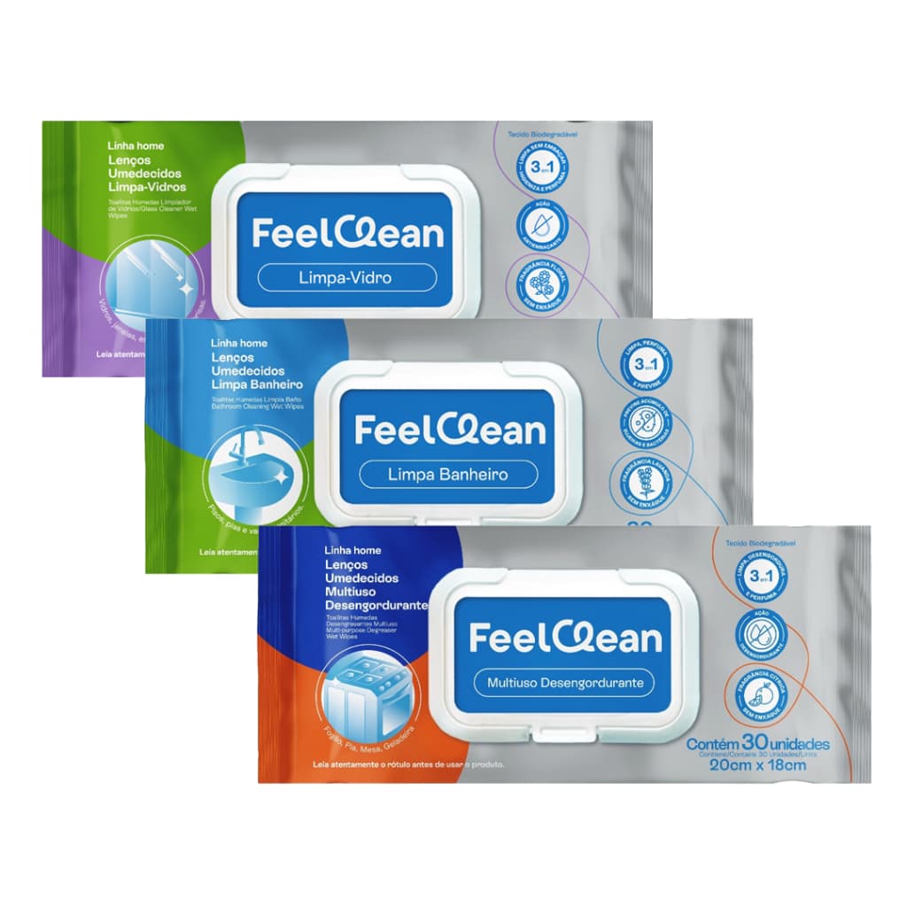 Kit Lenços Para Limpeza De Casa FeelClean Limpa Vidros Multiuso Desengordurante e Limpa Banheiro