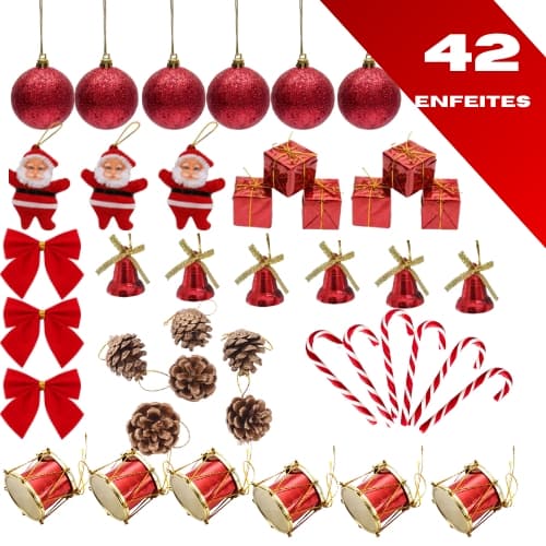 Kit 42 Enfeites de Natal para Árvore – Bolinhas, Sinos, Presentes, Bengalas, Laços e Papai Noel