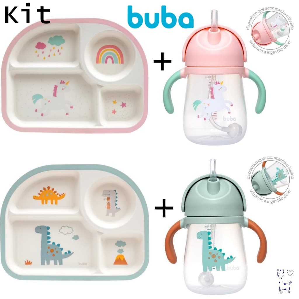 Kit Alimentação Infantil Buba – Copo Canudo + Prato Divisórias Dino/Unicórnio Bebê