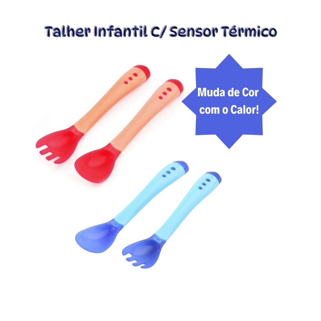 Kit Colher e Garfo Infantil Termossensível Muda de Cor com Calor | Talher para Bebê e Papinha