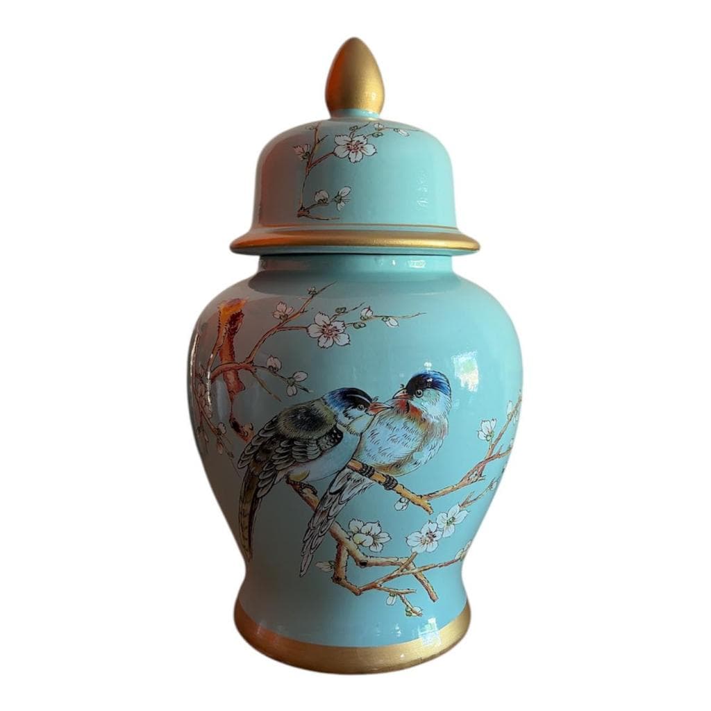 Potiche Cerâmica Vaso Tampa 44cm Importado China Decoração Azul-celeste Pássaros
