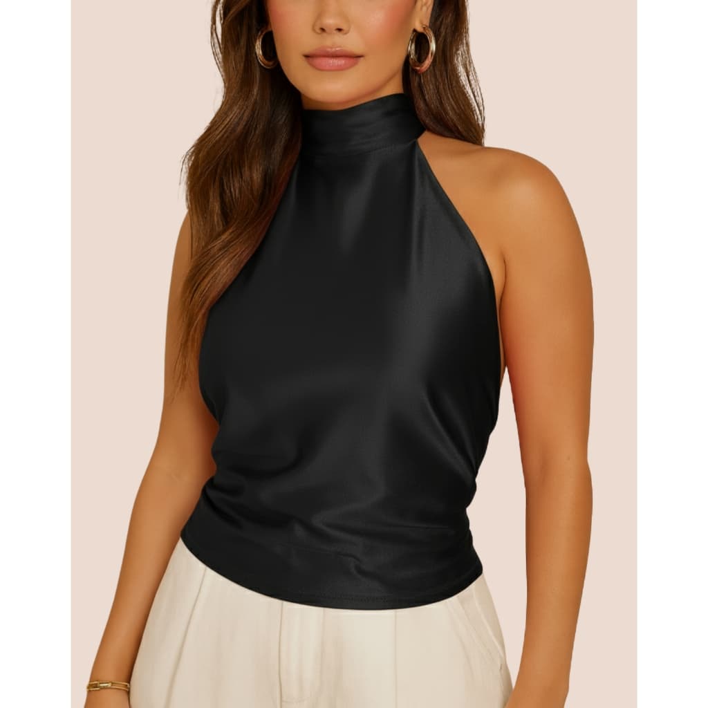 Blusa Feminina Gola Alta Frente Única Alças Finas Tecido Crepe Cetim Com Elastano Caimento Sofisticado