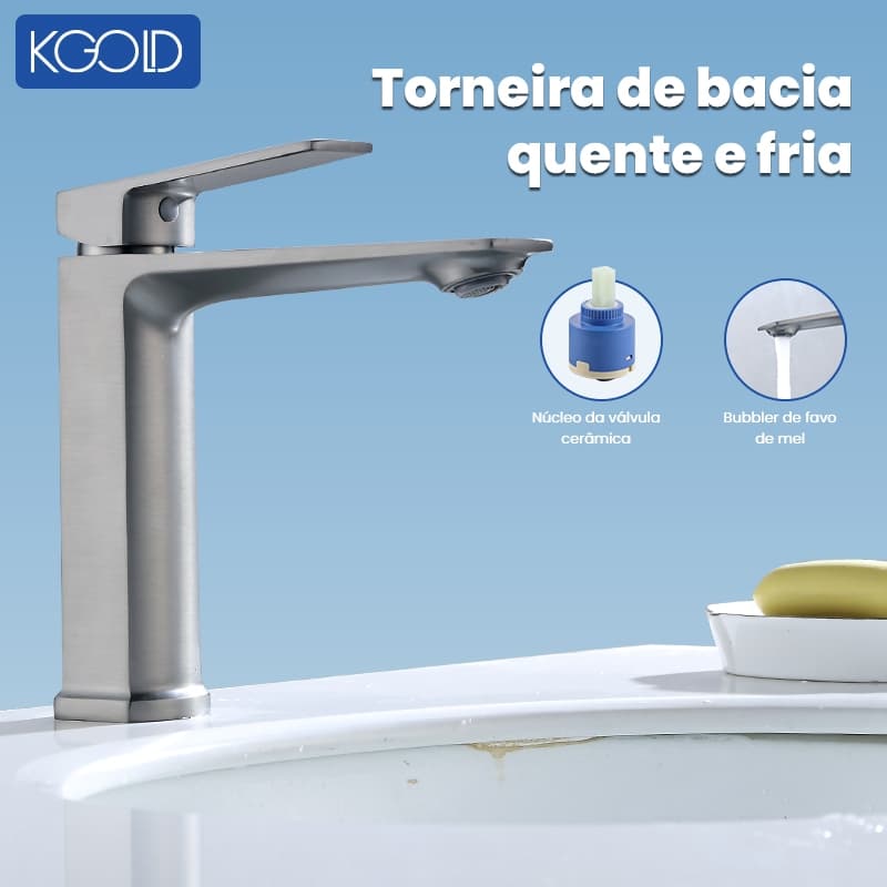 Torneira para pia de banheiro com cascata alta, misturador monocomando de água quente e fria em aço inoxidável