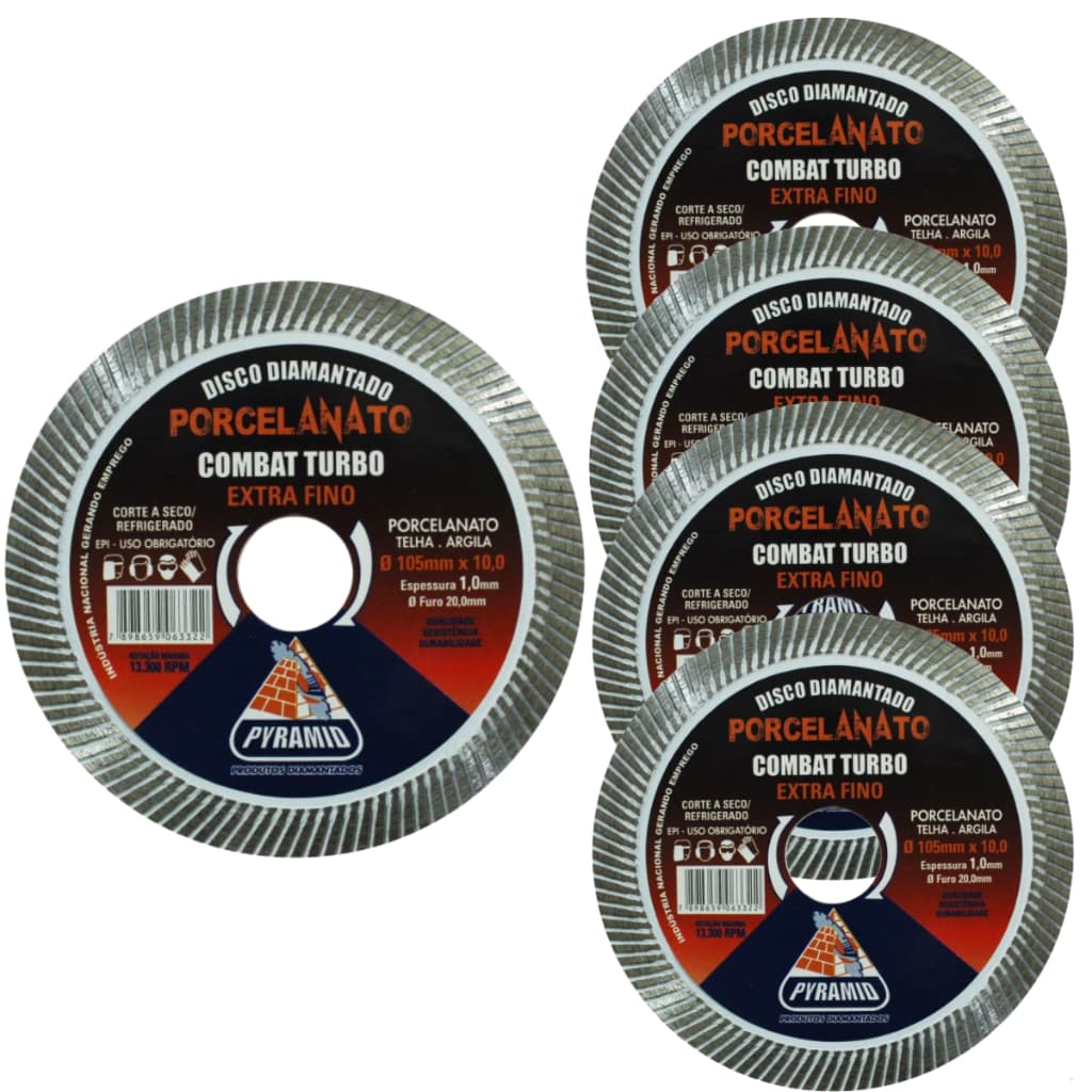 Kit 5 Discos Diamantados Porcelanato Turbo Extra Fino 105mm Pyramid Profissional
