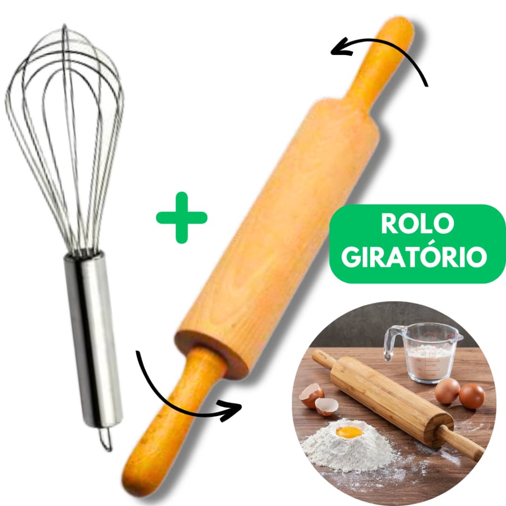Kit Rolo para Massas com Cabo Giratório 38cm + Fue Fuet Inox Batedor de Ovo e Claras
