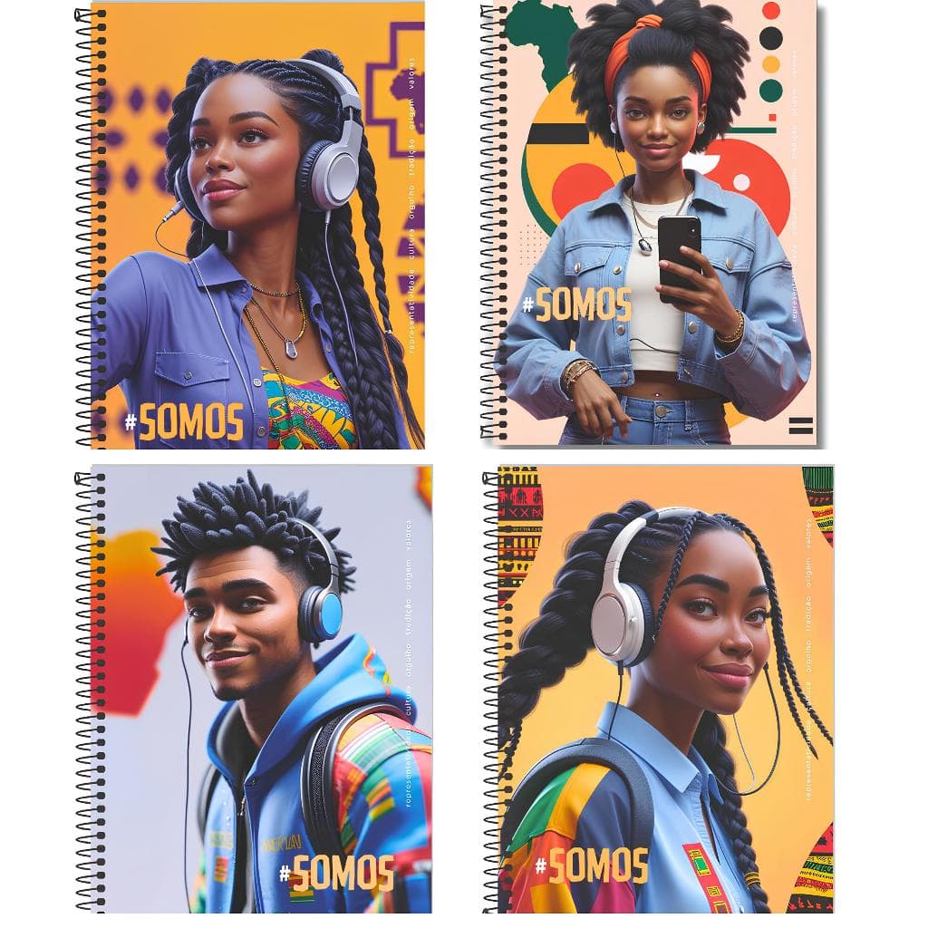 Caderno Universitário 10 Matérias 160 Folhas Capa Dura Adolescentes Universitários Estampa Afro Representatividade Negra