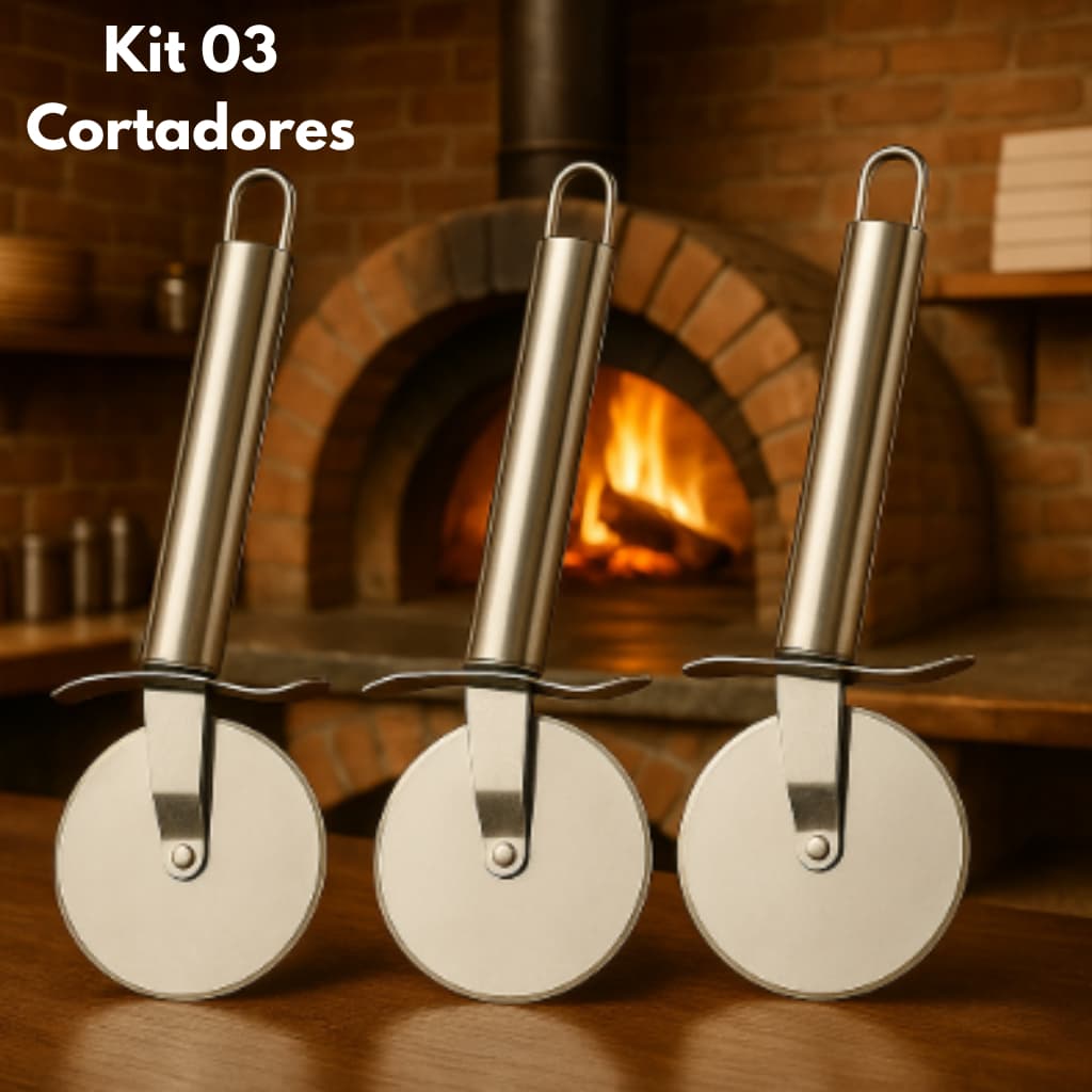 Kit 3 Cortadores de Pizza Carretinha em Aço Inox Uso Profissional e Diário Utensílios de Cozinha