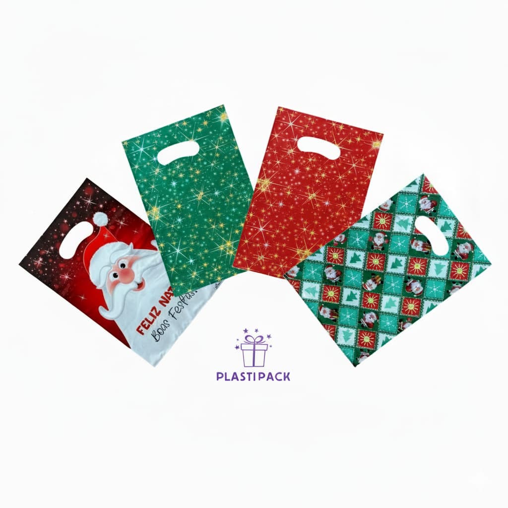 Sacolas Natalinas Boca de Palhaço | Kit 50un - 20x29cm ou 30x39cm | Natal Festa Sacolas Presente