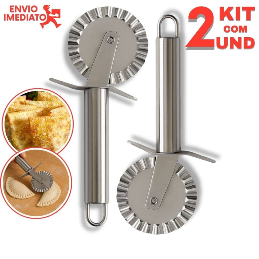 Carretilha Cortador e Fechador de Pastel Kit 2 Peças Inox Para Massas Pizza Linha Premium