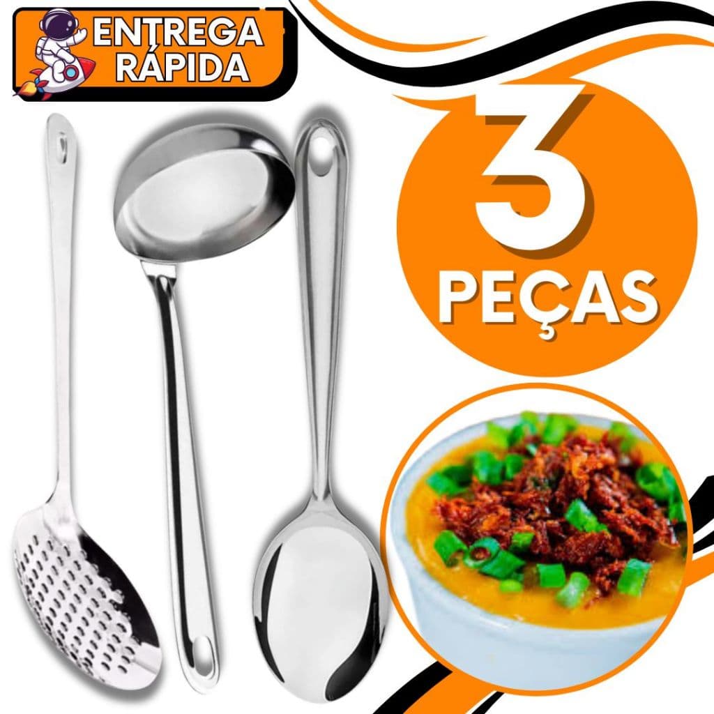 KIT JOGO 3 Colher de Servir Concha Escumadeira Fritura Caldo Feijão Arroz Resistente Aço Inox Escoa Coa Serve Pega Caldo