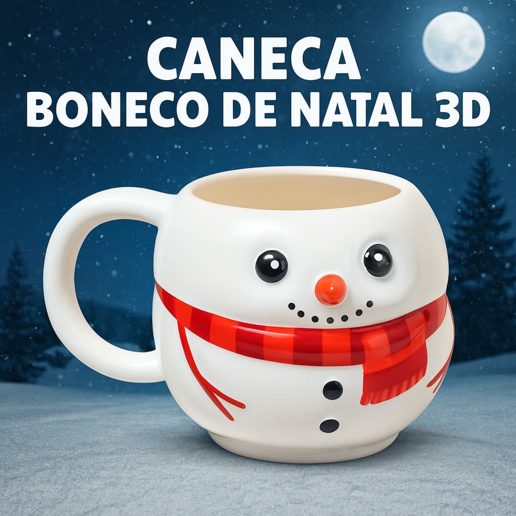Caneca 3D Boneco de Neve Natal Cerâmica 400ml Decoração Presente Broglio