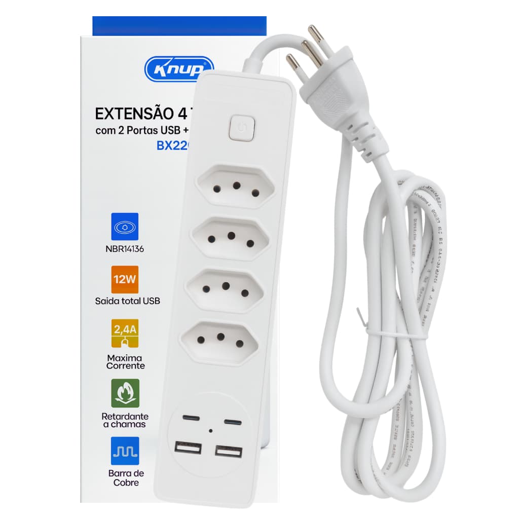 Régua Filtro de Linha com 4 Tomadas Extensão Elétrica Universal 2 USB Bivolt 10A Cabo de 2 Metros + Tipo C + Carregador