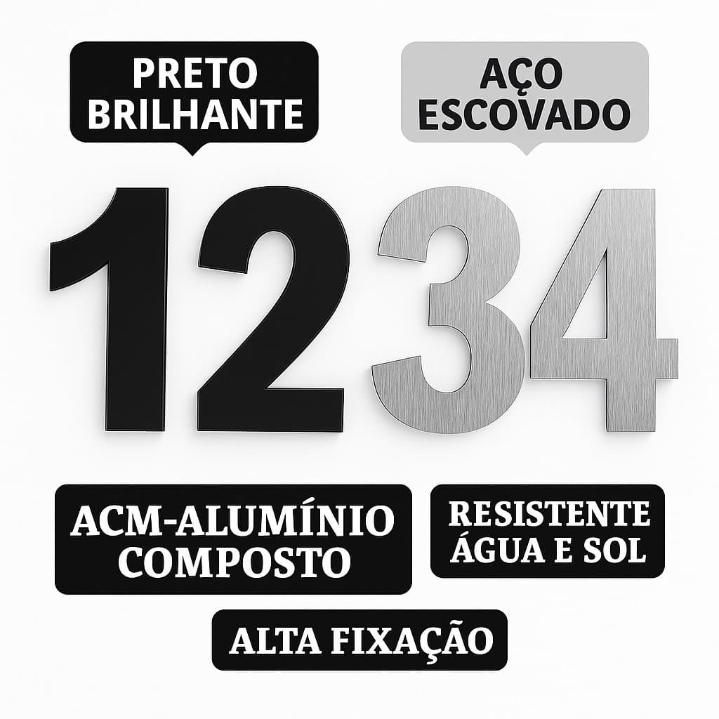 kit 3 Números residenciais do 0 ao 9, A e B, Aço Escovado ou Preto Brilhante em ACM – Fachada Premium