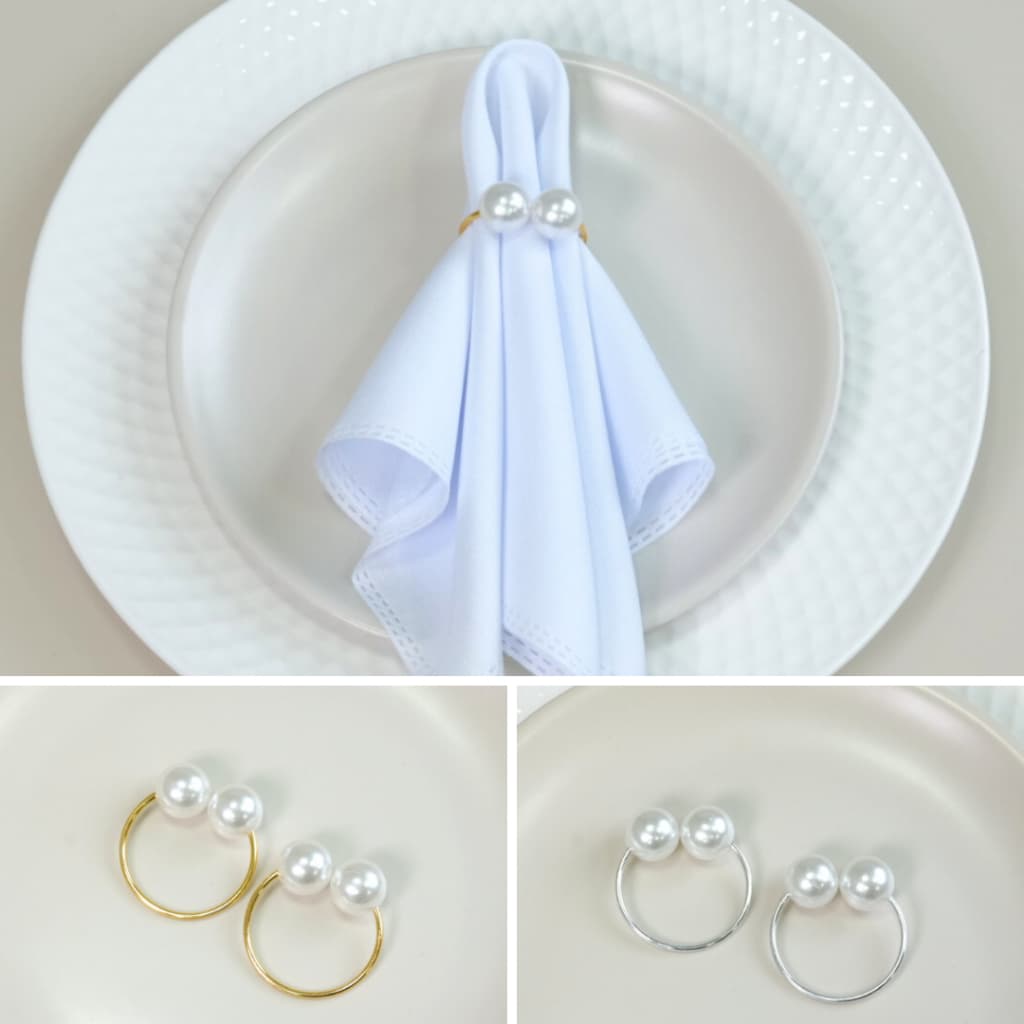 Kit Anel Para Guardanapo de Mesa Posta Dourado e Prata com Pérolas Grande Enfeite para Mesa 2 Peças