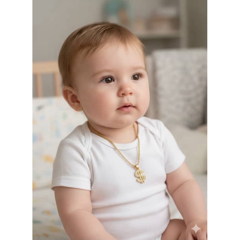 corrente baby bebê infantil cifrão novo aço inox banhada a ouro