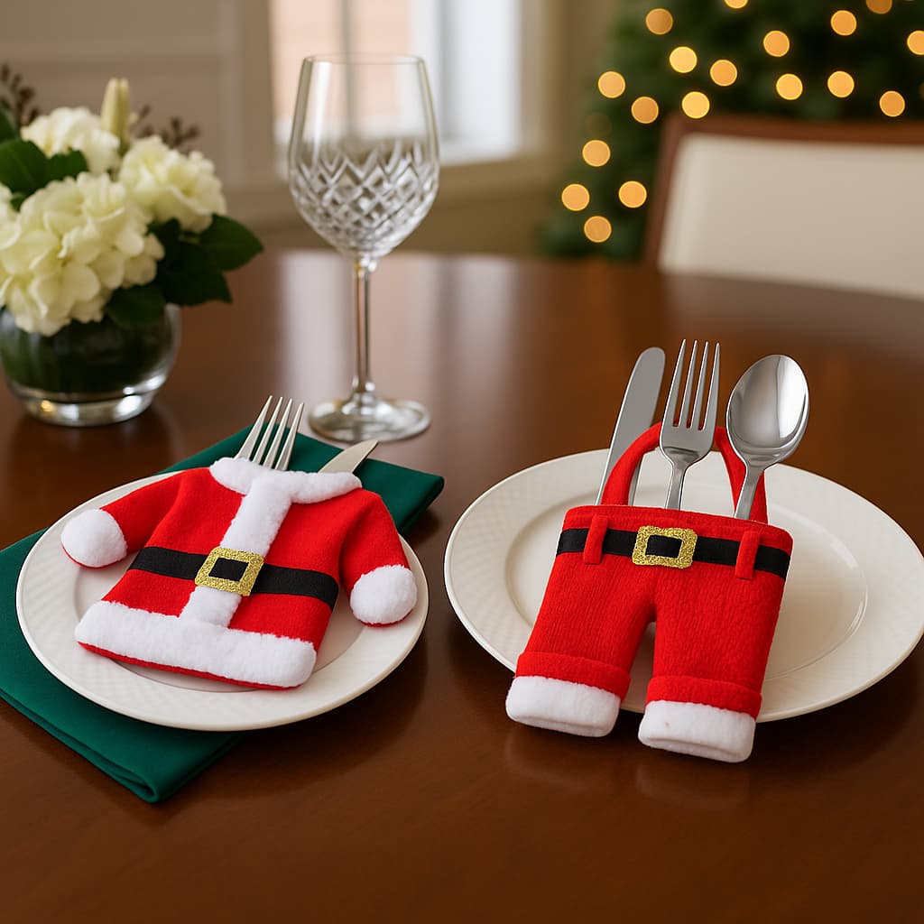 Porta Talher Natal Roupa Blusa e Calça do Papai Noel | Mesa Posta Ceia de Natal