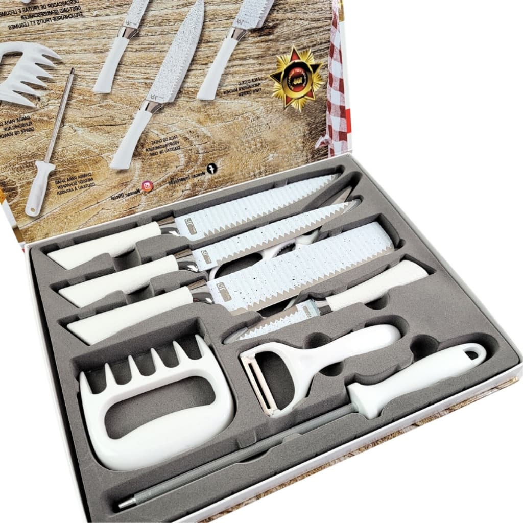 Kit de Facas Inox 8 Peças Churrasco Profissional com Afiador Garra e Tesoura