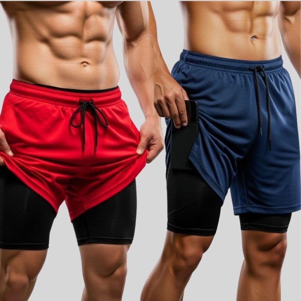 Kit 2 Bermudas Masculinas 2 em 1 Academia – Forradas com Bolso Interno  e Tecido Dry Fit Leve