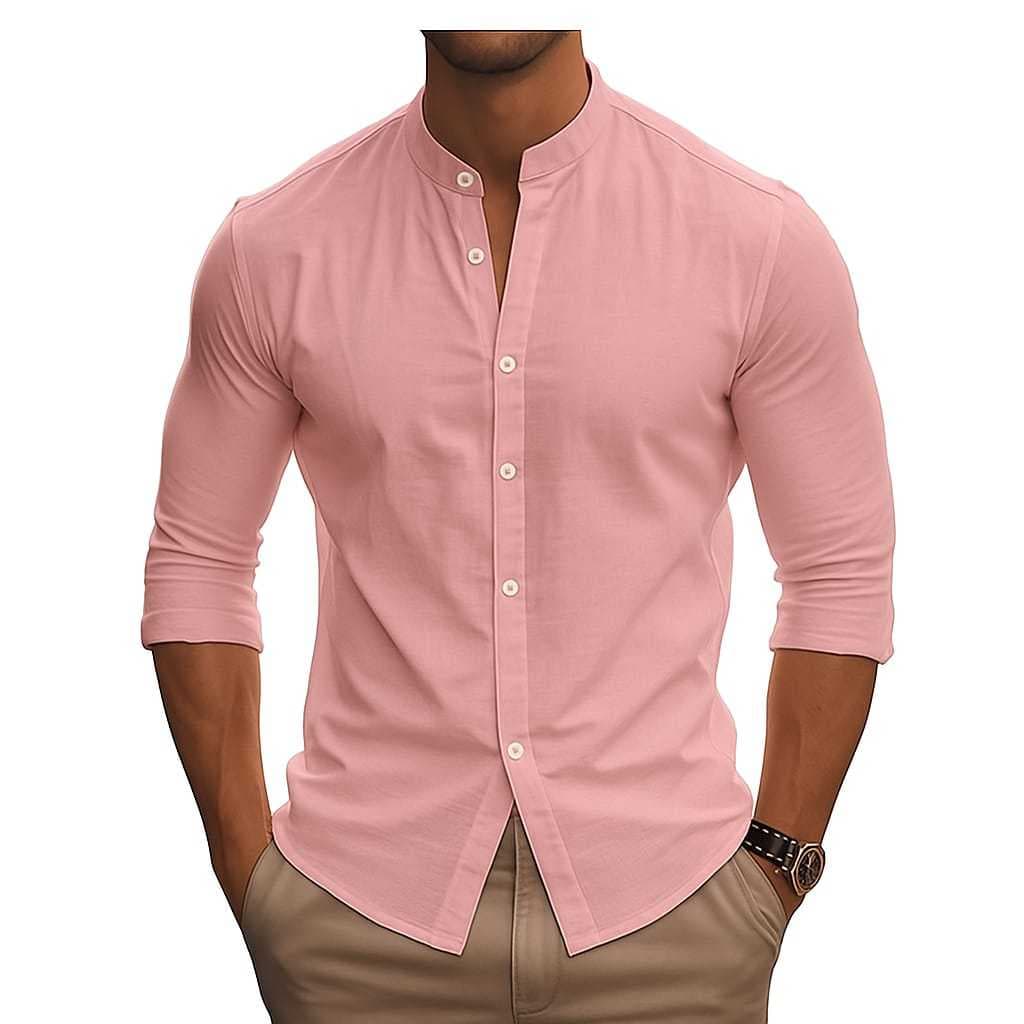 Camisa Masculina Gola Padre Tipo Mandarim Social Casual   Manga Longa Moda Luxo