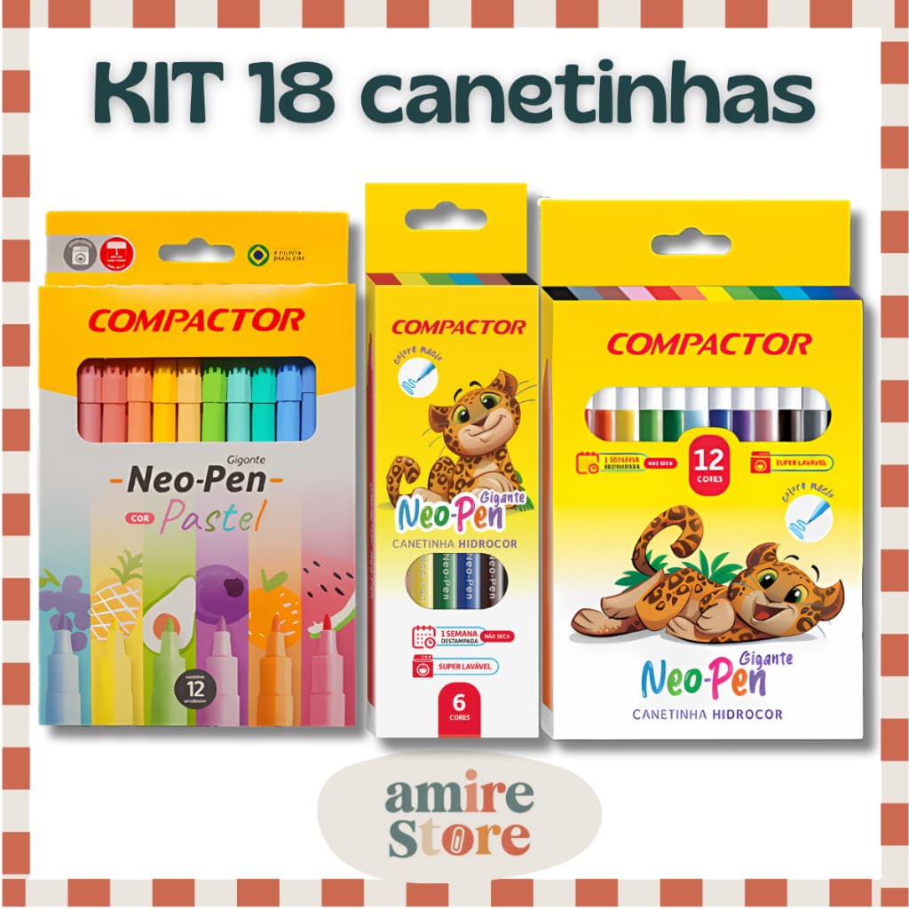 KIT 18 Canetinhas 12+6 Neo Pen Gigante Hidrográfica Compactor 2mm