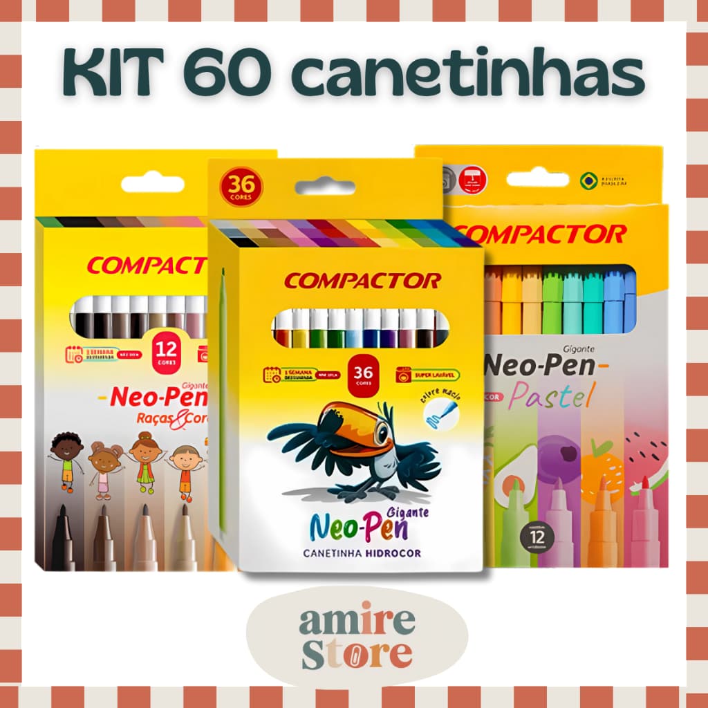 KIT 60 Canetinhas 36 + 12 Pastel COM CHEIRO + 12 Raças Neo Pen Gigante Hidrográfica Compactor 2mm