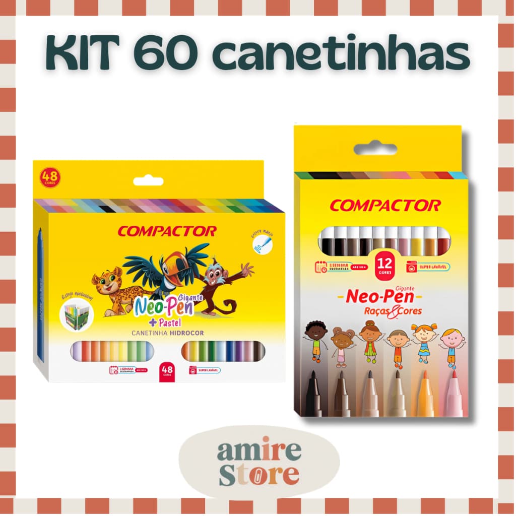 KIT 60 Canetinhas 48+12 Raças e Cpres Neo Pen Gigante Hidrográfica Compactor 2mm