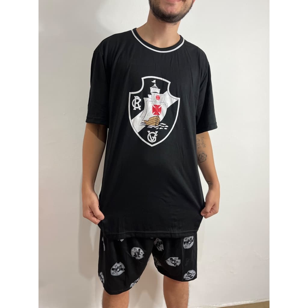 Pijama Vasco da Gama Masculino Adulto Infantil Juvenil Camisa Meia Manga e Short de Malha