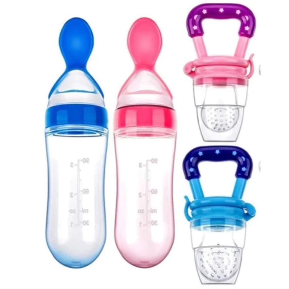 Kit Alimentação Infantil | Mamadeira de Silicone com Colher Dosadora de Plástico + Chupeta Mordedor