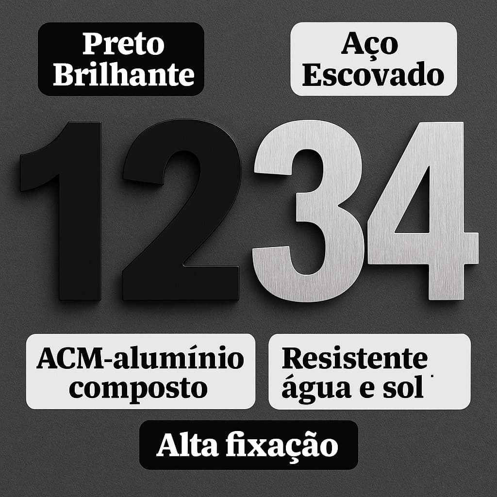 Números residenciais 0 a 9 / A ou B em ACM Aço Escovado ou Preto Brilhante - Fachada de alto padrão