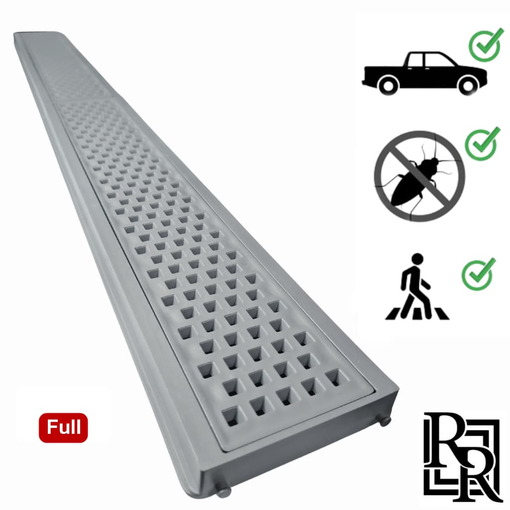 ralo linear perfeito 10x50cm grelha + suporte para área externa ( 1 peça de 50cm ) RR GRELHAS