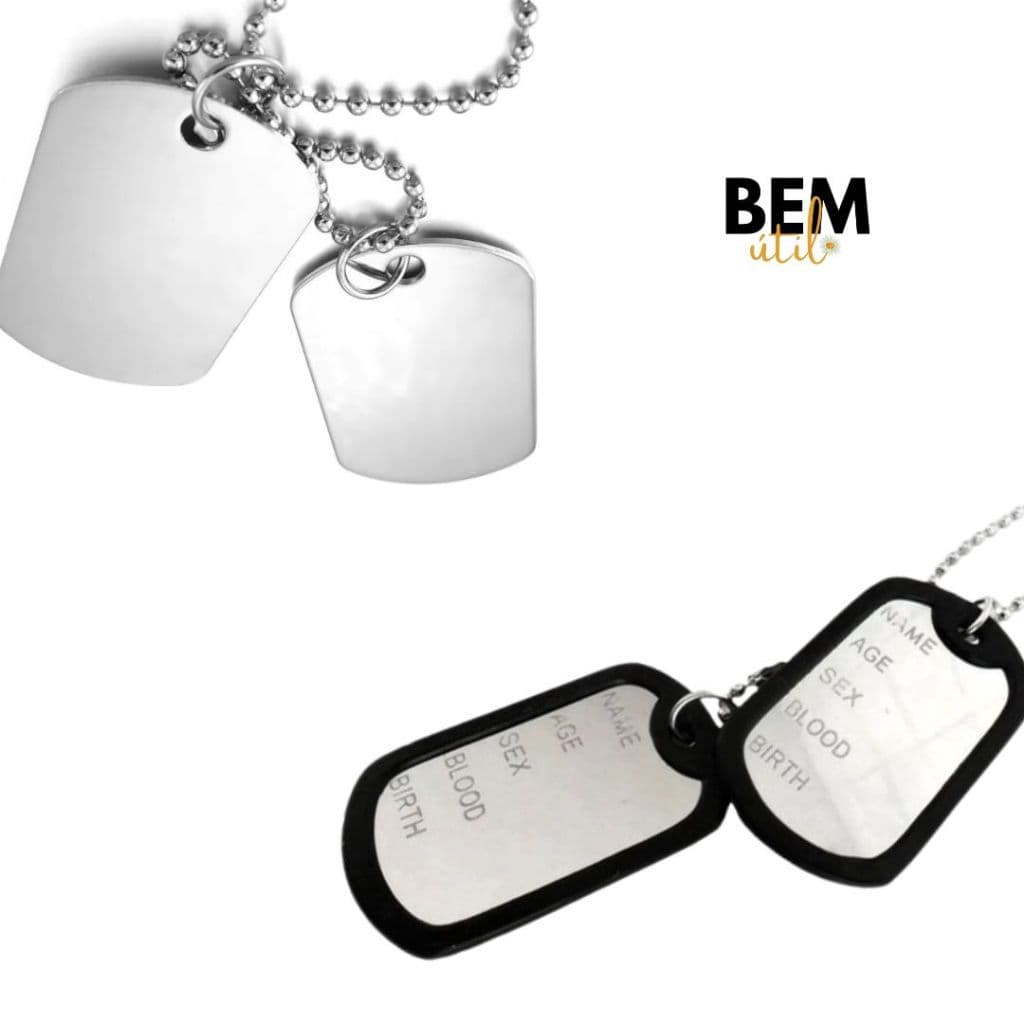 Cordão Masculino Colar Aço Inox Prata com 2 Placas militar detalhes