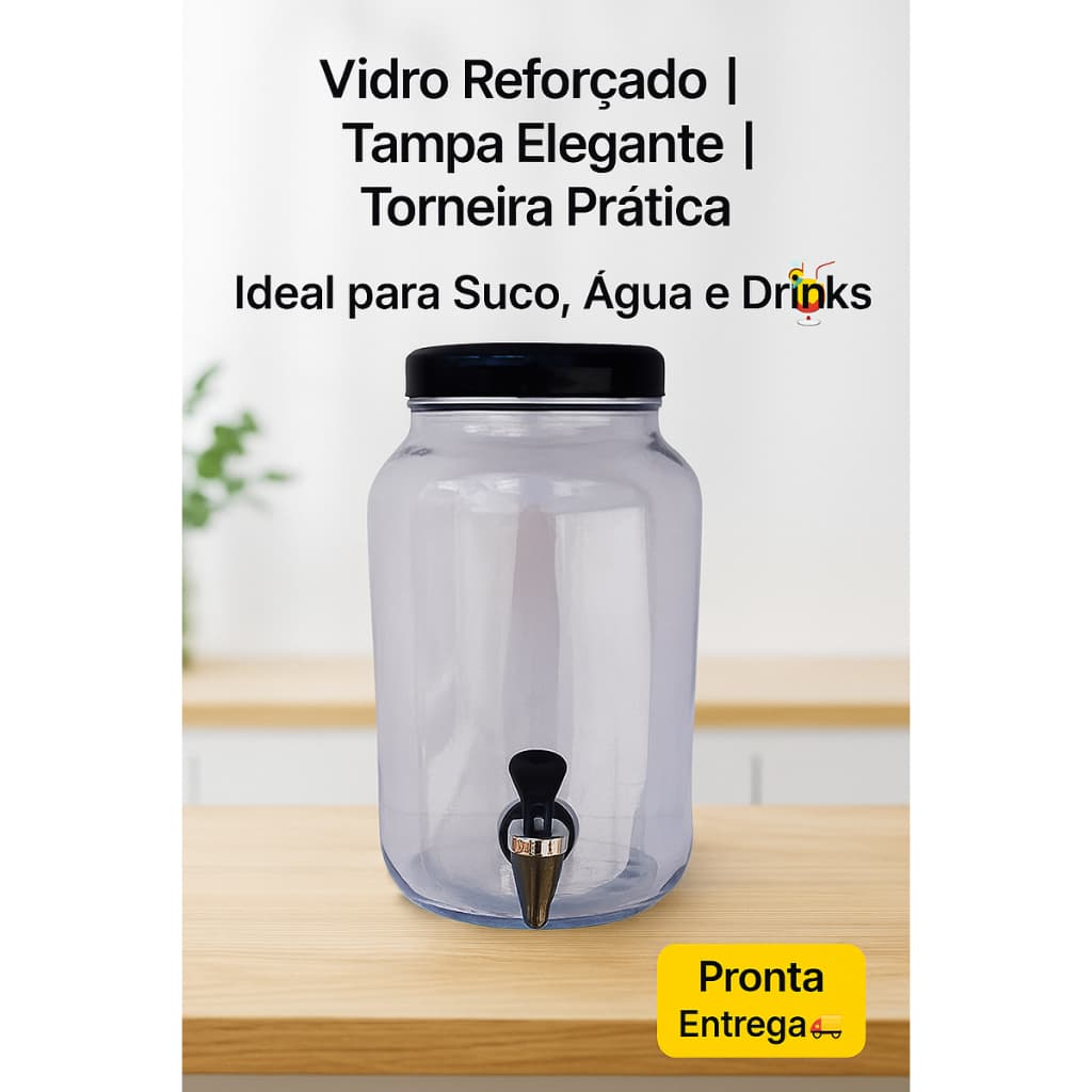 Suqueira de Vidro com Torneira e Tampa Preta – Ideal para Sucos, Drinks e Festas