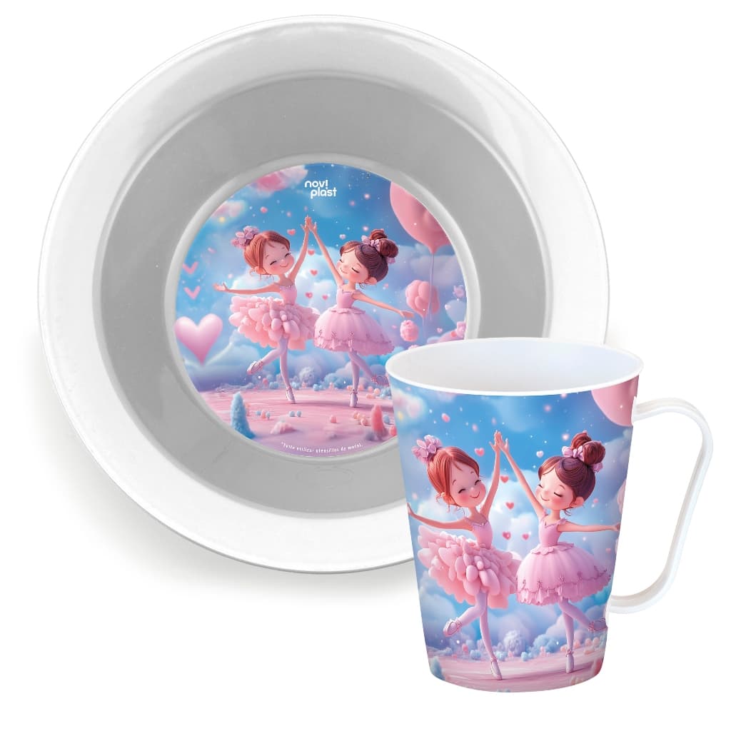 Kit Caneca 430ml Prato Bailarina Temático Para Menina Estampado Fadinha Sereia Princesa