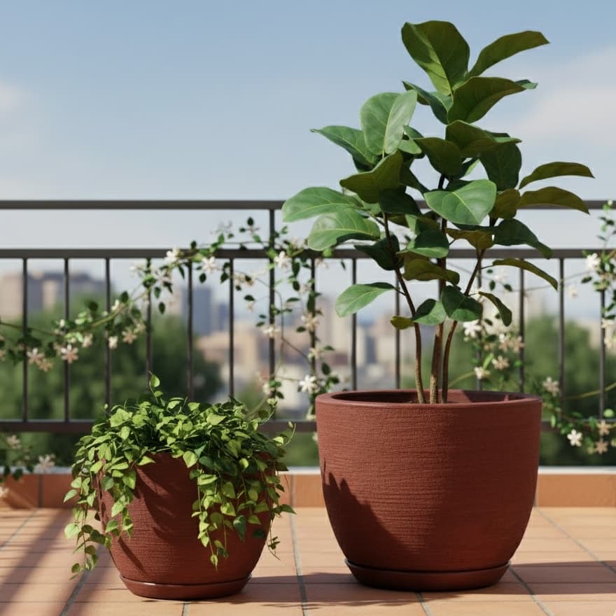 Kit 2 Vasos de Plantas Polietileno Bojo Escovado com Prato Coletor para Jardim, Casa e Varanda