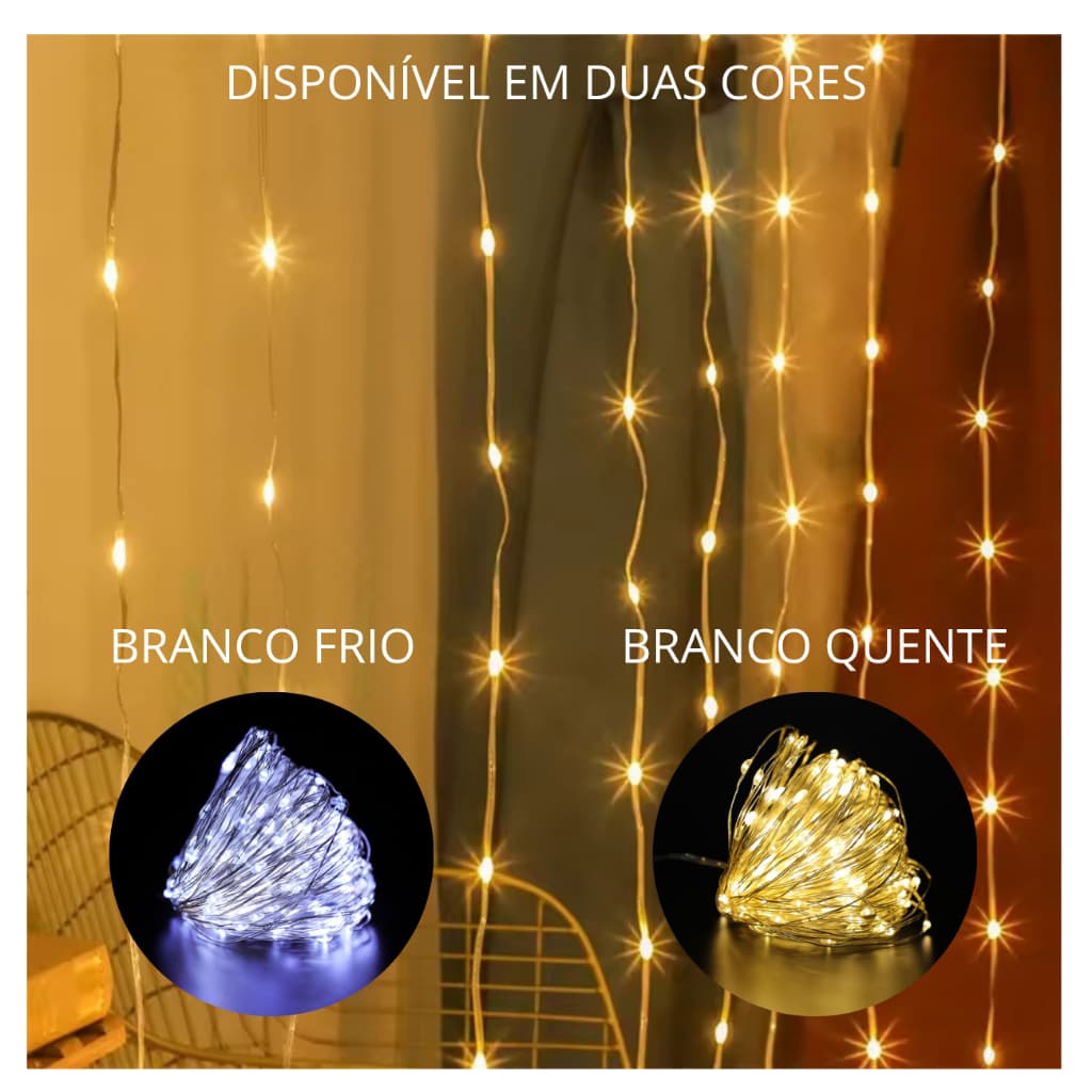 Cortina de Natal LED Fio de Fada 3x3metros 300 Leds com 8 Funções e Controle Remoto Decoração Casamentos Festas