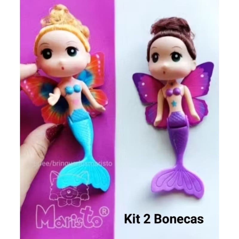 Kit 2 Mini Brinquedos Boneca Sereia c/ Asa