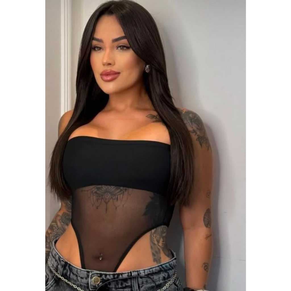 Body Feminino Tule Cavado Tomara que Caia com Bojo Forrado Blusa Feminina Moda Gringa Feminina