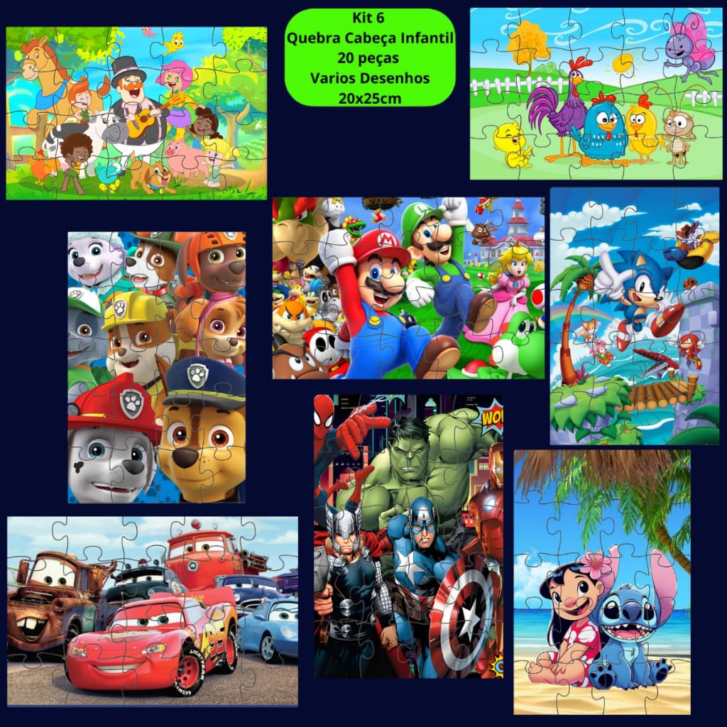 Kit Quebra Cabeça Infantil 20 peças em Mdf Grande 20x25 Brinquedo Jogo de Criança Varios Desenhos