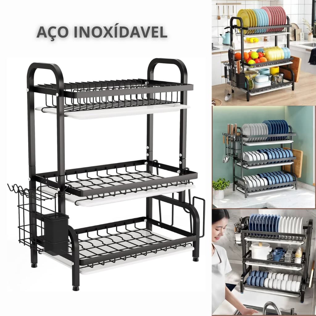 Escorredor de Loucas Pratos aço inox 3 andares grande Organizador Pia Bancada Talheres Utensilios Cozinha Metal Preto