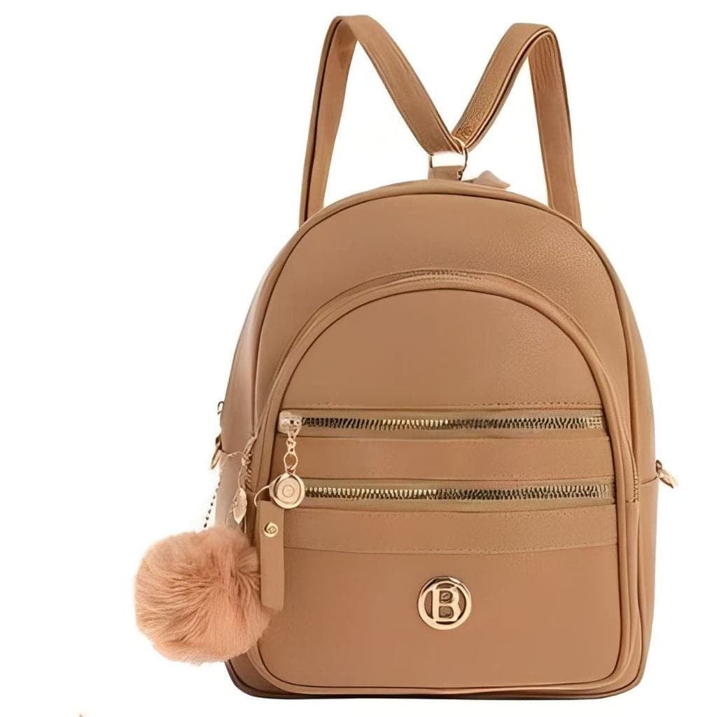Mochila Feminina Com Pompom Média 28cm Couro Sintético PU Elegante