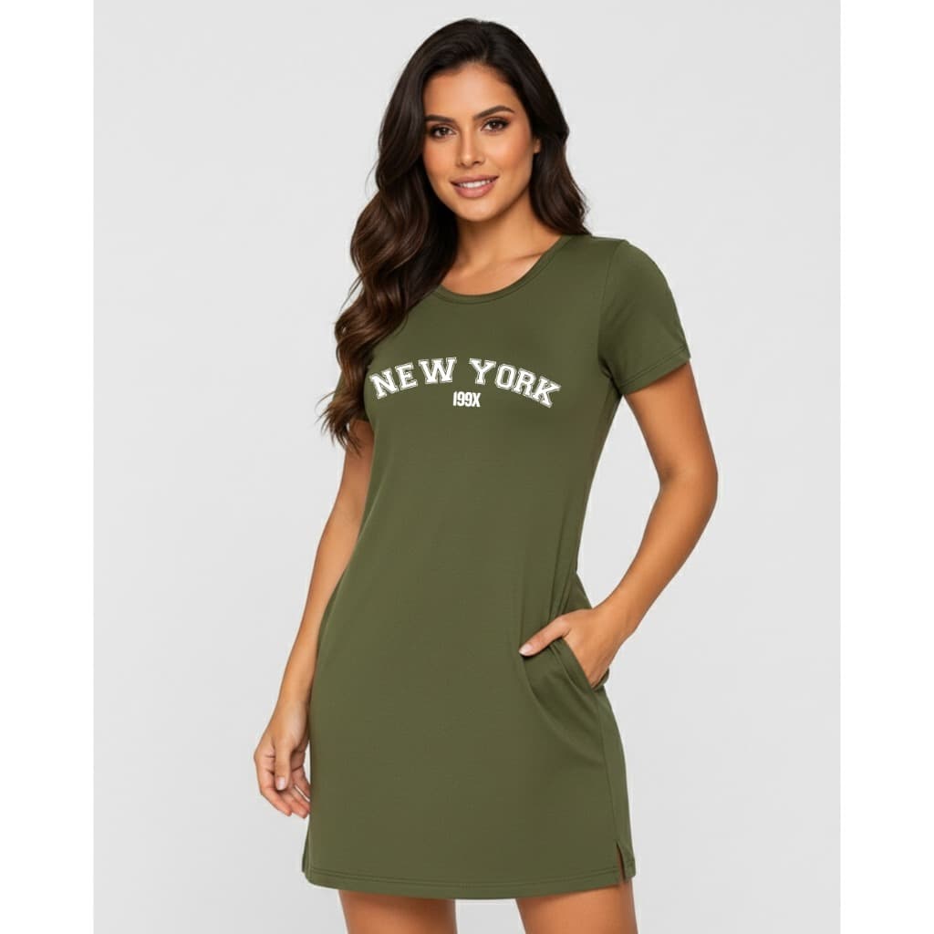 Vestido Feminino Algodão Premium Manga Curta Com Bolsos Estilo Gringa Estampa New York Fashion Tendência