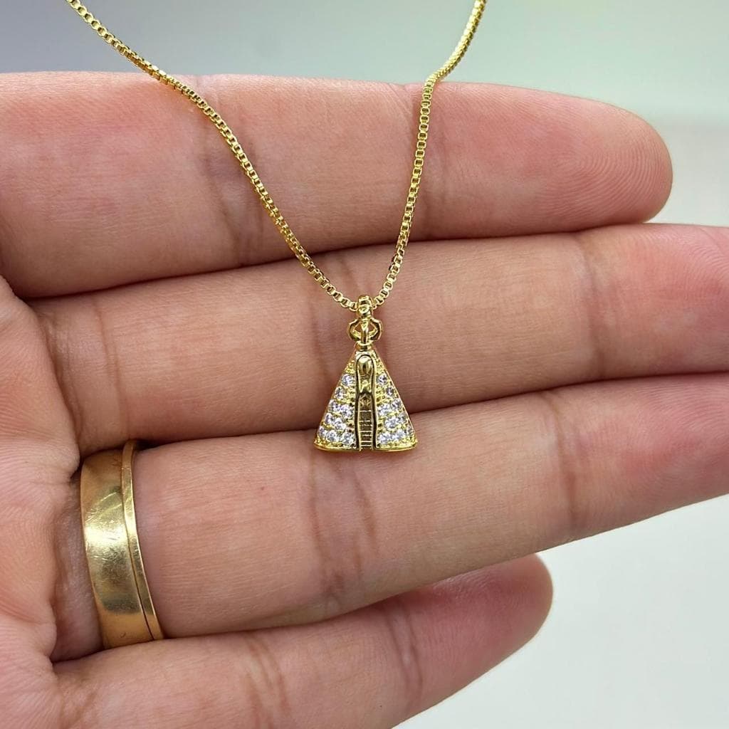 Correntinha/ gargantilha/ colar Nossa senhora Padroeira cravejada, banhada a ouro - com garantia
