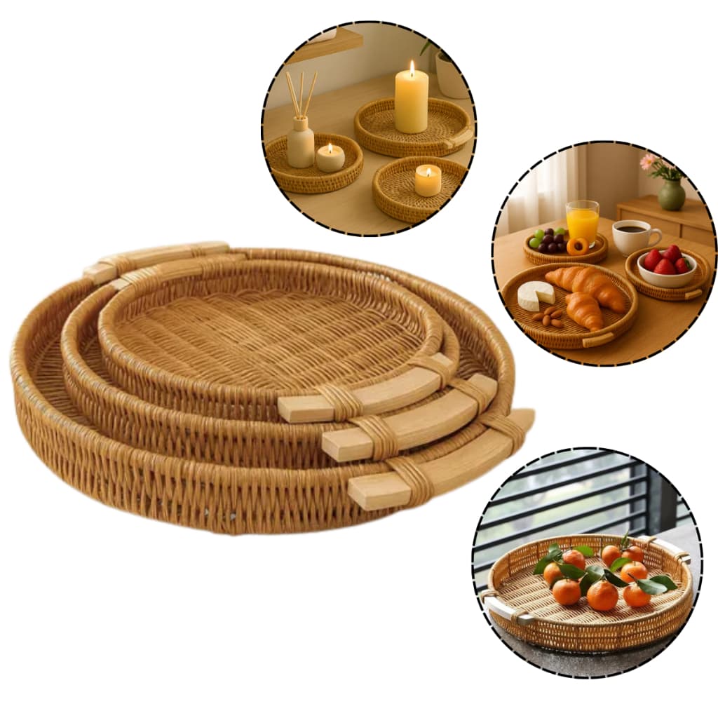 Kit 3 Bandejas Redondas Madeira Rústica Servir Café Decoração Mesa Cozinha Organização Design Natural Resistentes